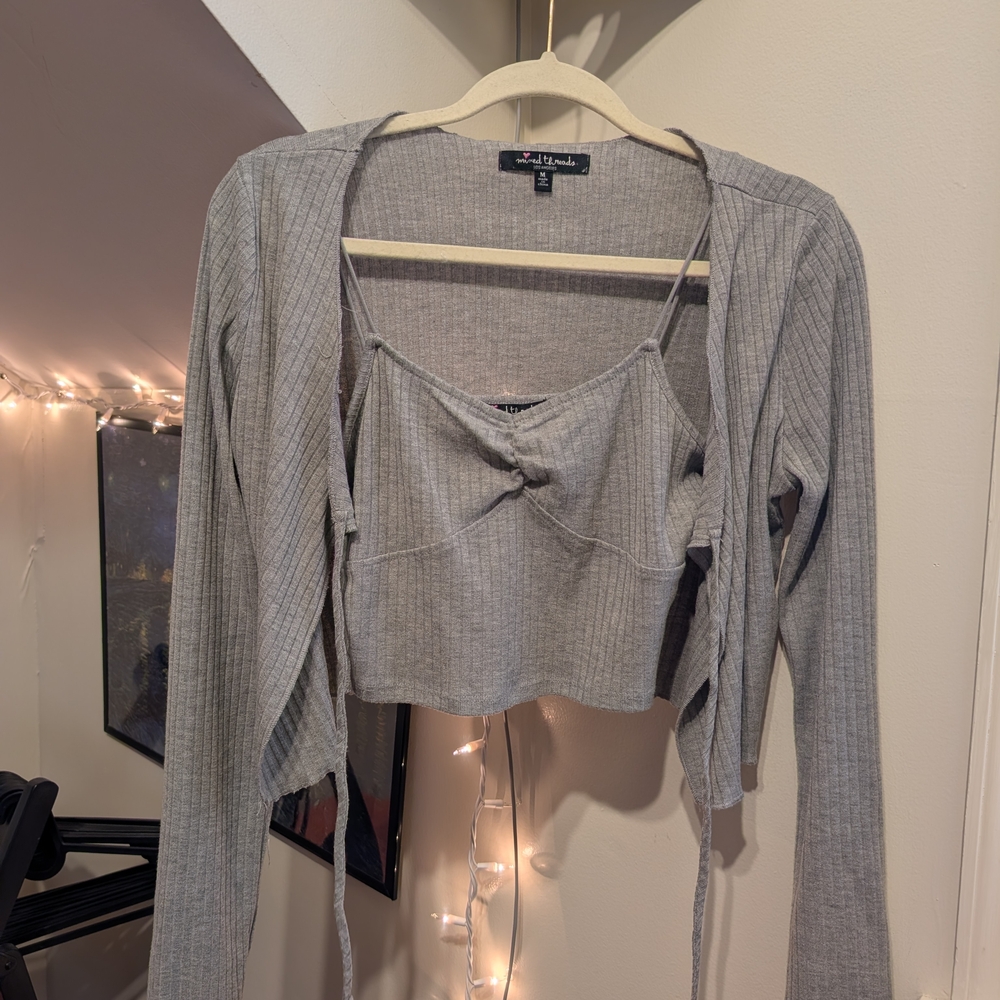 Mixed Threads 2 Piece Ribbed Speghetti Strap Crop Top Sweater Cardigan Set